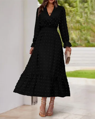 Vista 2 de BTFBM Vestidos de otoño 2023 para mujer, manga larga, cuello en V, lunares suizos, vestido largo bohemio, vestido largo de cintura alta, vestido