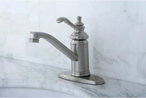 Vista 5 de Kingston Brass KS3408TL Templeton - Grifo de lavabo central de un solo mango de 4 pulgadas con drenaje pushup, níquel cepillado