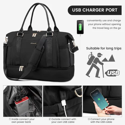 Vista 5 de Bolsa de gimnasio para mujer LOVEVOOK Travel Duffel Bag con puerto de carga USB, Negro