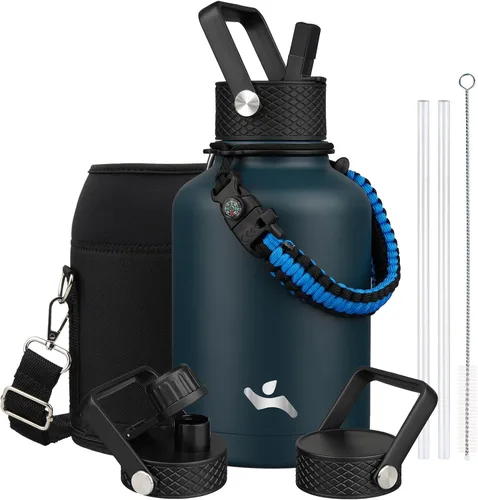 Vista 78 de Konokyo - Botella de agua aislada de 18 onzas, botellas deportivas de acero inoxidable con 3 tapas, verde militar