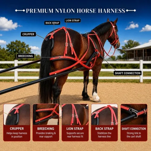 Vista 5 de Arnés de conducción de nailon para carrito de caballos, tachuelas en forma de corazón y piedras brillantes en banda completa, mazorca, poni