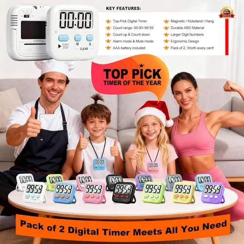 Vista 8 de Antonki Paquete de 2 temporizadores digitales para niños, temporizadores de cocina magnéticos de cuenta regresiva para cocinar, huevos, aula