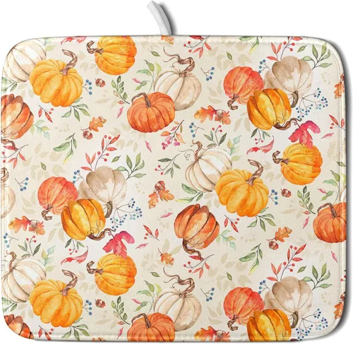 Vista 23 de Tapete de Secado de Platos de Florero de Girasoles Otoñales para Encimera de Cocina, Tapete de Secado de Hojas de Arce y Calabaza Otoñal de 16 x 18