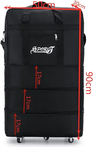 Vista 9 de Bolsa de viaje Oxford expandible extra grande con ruedas, impermeable, ligera, plegable, maleta, Negro -, Equipaje extensible central rígido