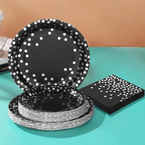Vista 7 de 150 platos negros y servilletas suministros para fiesta, platos de papel negro Severs 50, decoraciones de fiesta plateadas para graduación