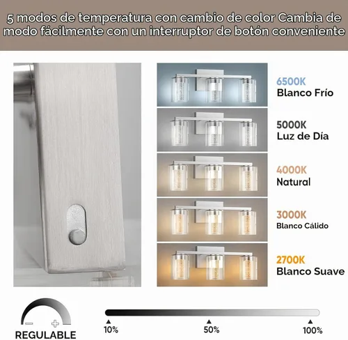 Vista 3 de Lámparas de baño modernas LED sobre espejo, 3 luces de tocador de níquel cepillado con 5 modos de color, lámpara de tocador de baño regulable