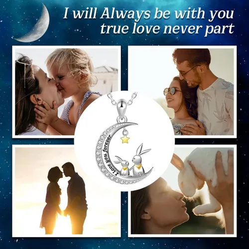 Vista 5 de QIUQIULU CatRabbitBear Necklace 925 Sterling Silver Mother and Child Animal on Moon Pendant Necklace Jewelry Gifts for Women