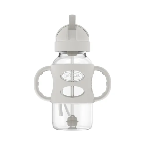 Vista 14 de Dr. Brown's Milestones - Botella con pajita de transición de cuello ancho con asas 100% de silicona y pajita con peso, 9 oz/270 mL, gris, 6m+
