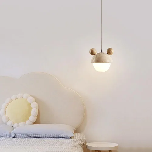 Vista 3 de Lámpara colgante japonesa Wabi-Sabi de 6.2 pulgadas de travertino amarillo, lámpara colgante con pantalla de vidrio creativa nórdica, lámpara