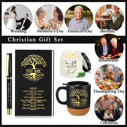 Vista 6 de Hushee 4 piezas de regalos cristianos para hombres, taza de café del hombre de Dios, diario de oración, vela perfumada, bolígrafo bíblico, regalos