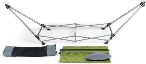 Vista 2 de Lucania Hamaca portátil con soporte y dosel, hamaca plegable independiente resistente para interiores, exteriores, campamento, patio y patio trasero