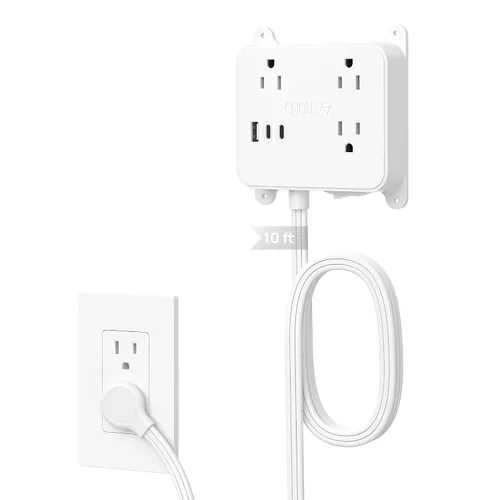 Vista 10 de TROND Regleta de alimentación de enchufe plano, cable de extensión corto de 3 pies con 3 salidas de CA, estación de carga de montaje en pared con 2