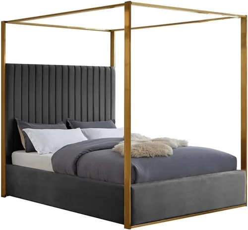 Vista 8 de Meridian Furniture JonesBlack-Q Jones Collection Modern Cama Queen tapizada contemporánea, terciopelo negro, acolchado de canal, marco de latón
