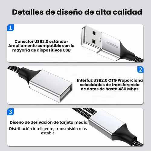 Vista 6 de MOGOOD Divisor USB A, cable USB macho a 2 hembra en Y, cable de extensión Plateado