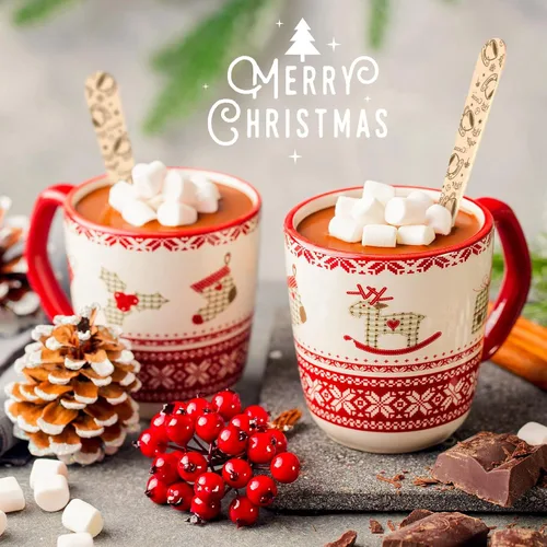 Vista 6 de Hoolerry 100 piezas cucharas de madera desechables de Navidad 14 cm Barra de degustación de invierno con sabor a barra de caramelo de chocolate