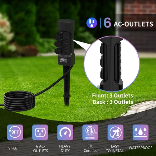 Vista 2 de K KASONIC Estaca de Energía para Exteriores, Cable de Extensión con Regleta de 6 Tomas de 9 pies Kasonic, Doble Cara con Cubiertas Abatibles