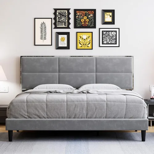 Vista 3 de Base de cama tamaño matrimonial, base de cama con cabecera cuadrada de terciopelo, soporte de listones de madera, antideslizante y sin ruido,