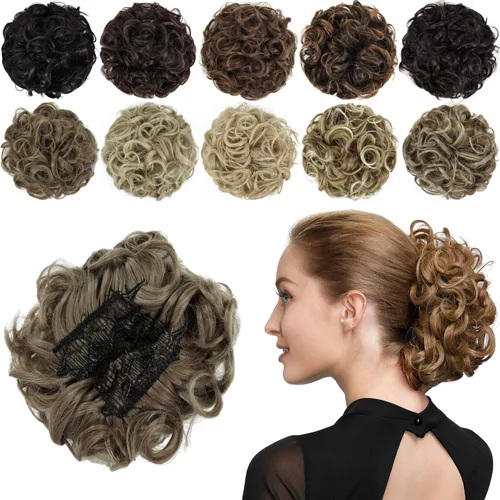 Vista 14 de Rose bud Postizo de Moño Rizado Extensiones de Moño Coletero Peinado Recogido Peinetas Sintéticas en Moño Desordenado Postizo de Cabello