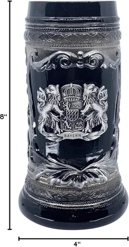 Vista 5 de OktoberfestHaus - Taza de cerveza con escudo de armas del Bayern alemán, escudo de armas Bier Krug con emblema de metal en jarra de cerámica negra