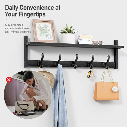 Vista 7 de Tatub Perchero rústico de 29 pulgadas con estante, ganchos de pared de entrada con estante, perchas para baño, sala de estar, dormitorio, negro