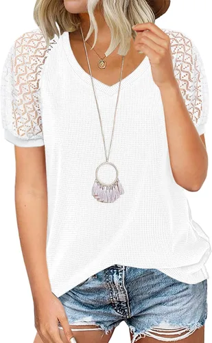 Vista 12 de MIHOLL - Blusa de manga corta con cuello en V y encaje para mujer, estilo casual holgado 01_ Negro