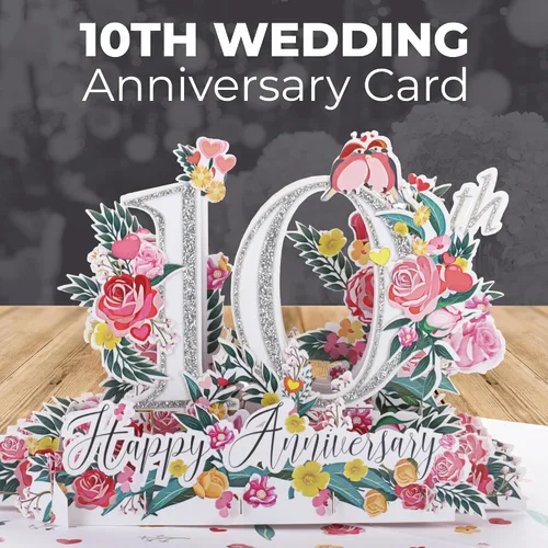 Vista 3 de iGifts And Cards Tarjeta de Felicitación Emergente 3D del Feliz 10º Aniversario Hito - Pareja Perfecta, Matrimonio, Boda, Elegante, Almas Gemelas