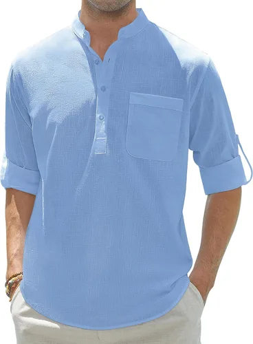 Vista 2 de J.VER Camisas Henley de algodón y lino para hombre, estilo casual, de manga larga, con botones, para la playa, con bolsillo