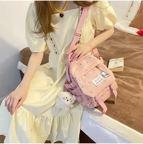 Vista 4 de Mochila estética Kawaii con colgante mini mochila para niñas, bonita mochila escolar japonesa, mochila con flores, Rosado, S, Kawaii