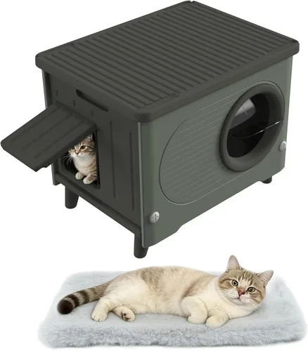 Vista 10 de Casa para gatos al aire libre, resistente a la intemperie, refugio para gatos con puerta de escape y solapa de puerta de PET, apilable elevado