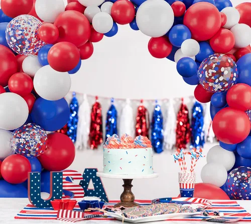 Vista 4 de Kit de guirnalda de arco de globos rojos, blancos y azules, 123 globos de confeti coloridos para cumpleaños, aniversario, baby shower, compromiso