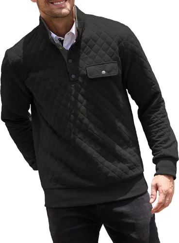 Vista 2 de Sudadera acolchada de manga larga para hombre, casual, cuello alto, con botones, forro polar