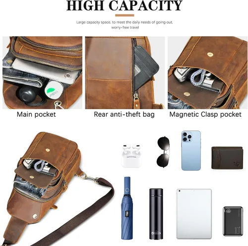 Vista 5 de Caballo loco grueso cuero triángulo Crossbody Sling bolsa de pecho viaje un bolso de hombro Daypack para hombres hombres 3028