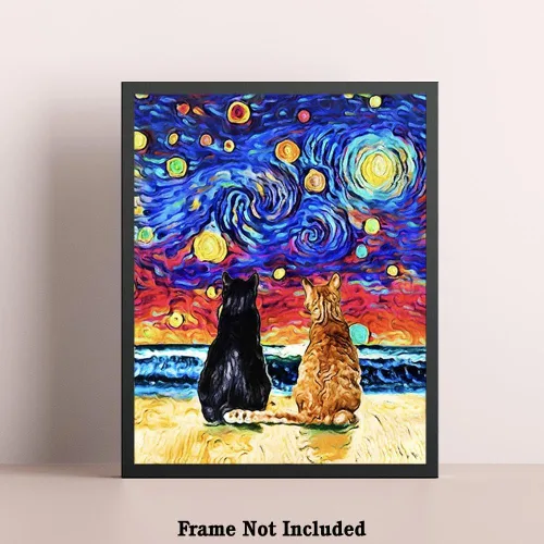 Vista 5 de Bestbuddy Pet 8 x 10 sin marco noche estrellada inspirada gato pareja animales amante familia paz amor pintura al óleo impresión arte impresión