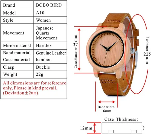Vista 13 de BOBO BIRD Reloj de madera de bambú para hombre y mujer con correa de cuero de vaca marrón, relojes casuales de cuarzo analógico