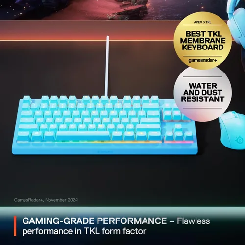 Vista 2 de SteelSeries Apex 3 TKL Aqua RGB Gaming Keyboard — Tenkeyless Compact Form Factor — 8-Zone RGB Illumination — Water and Dust Resistant