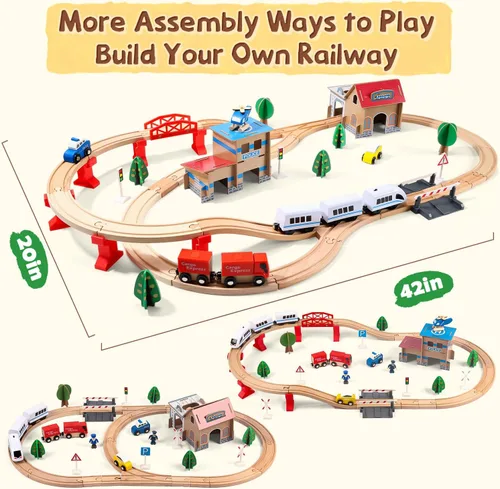 Vista 6 de Juego de tren eléctrico de madera para niños pequeños, 88 piezas de juguetes de vías de tren para 3, 4, 5 años, gran regalo de Navidad para niños