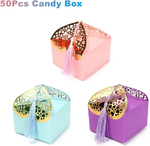 Vista 5 de Ruimou 50 cajas cortadas con láser, forma de corazón perlado recortado con borla, cajas de regalo de dulces para despedidas de soltera
