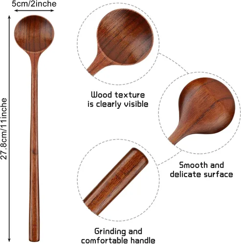 Vista 2 de Patelai 6 cucharas de madera de 11 pulgadas, cucharas de madera de mango largo, cuchara de sopa de estilo coreano japonés para cocinar, comer