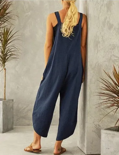 Vista 4 de Lingjiazi Overol de algodón y lino ajustable para mujer, sin mangas, holgado, con bolsillos