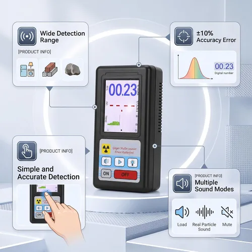Vista 10 de Geiger profesional detector de radiación nuclear portátil beta gamma dosímetro de rayos X con pantalla LCD ±10% recargable para inspección