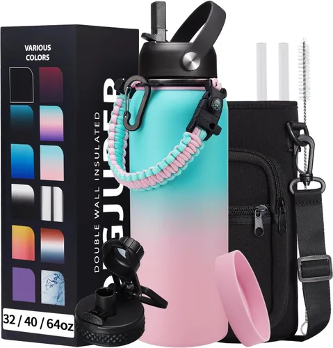 Vista 42 de Botella de agua aislada de 1 galón, con popote y tapa de pico automático, mango de paracord, funda para botella, botella de agua de acero inoxidable