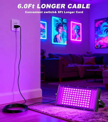 Vista 5 de Luz LED Negra de 100W IP66 Impermeable, Reflector de Luz Negra para Exteriores con Enchufe+Interruptor+Cable, para Halloween, Neón que Brilla