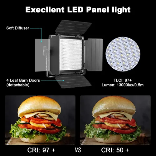 Vista 2 de GVM - Luz de video LED de 480 con trípode, iluminación de video LED regulable de 2300 K-6800 K con control de aplicación, luz continua de fotografía