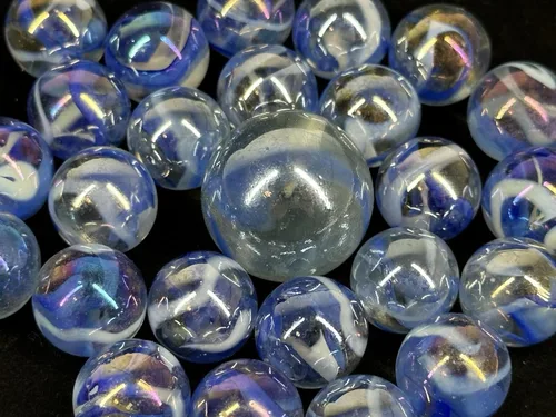 Vista 3 de ~25 canicas de cristal Caballito de mar naranja/remolino azul estilo clásico paquete de juego (24 jugadores, 1 tirador) decoración/relleno