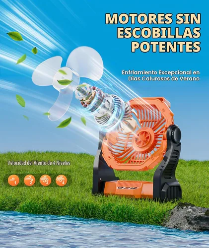Vista 3 de Ventilador de camping recargable portátil - Ventiladores de batería con luz LED, silencioso de 20000 mAh, ventiladores de escritorio de 4