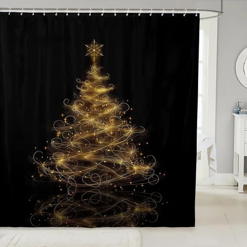 Vista 15 de Homewish Cortina de ducha de árbol de Navidad, juego de cortina de ducha de baño con diseño de copo de nieve dorado para niños y adultos, cortina