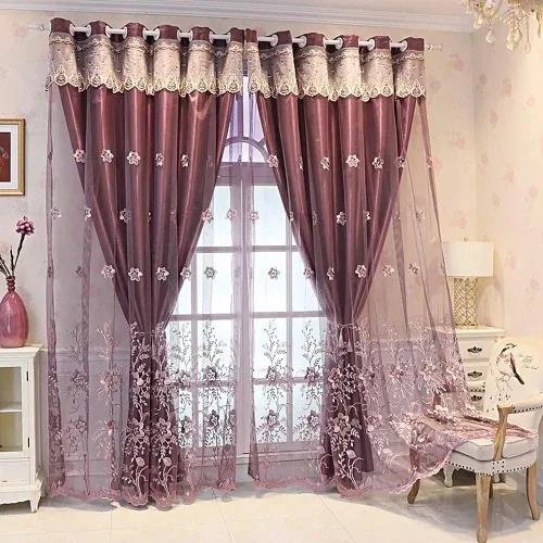 Vista 12 de Amidoudou 1 par de cortinas europeas de doble capa para sala de estar, dormitorio, cortinas bordadas de flores de lujo con cenefa