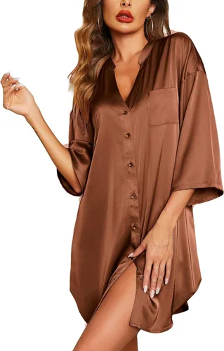Vista 30 de Ekouaer Camisones de satén para mujer, ropa de dormir de seda con botones, manga 3/4, cuello en V, con bolsillos 01 Negro