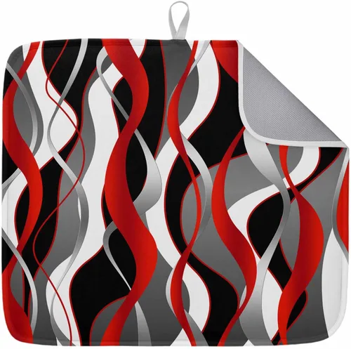Vista 9 de Tapete de secado de cocina para mostrador de líneas abstractas 3D en negro, absorbente, plegable, de microfibra, color rojo, blanco, gris