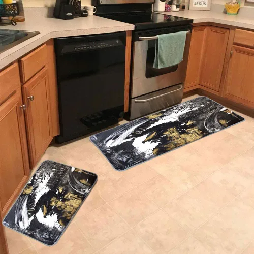 Vista 6 de TOMWISH Juego de 2 alfombras negras para pasillo de cocina, dorado y blanco, antideslizante, acolchado, comodidad vintage, 17 x 48 pulgadas + 17 x